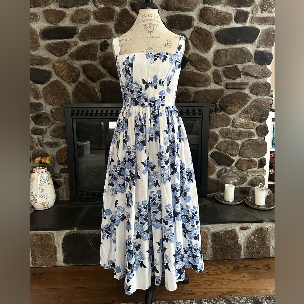RARE NWT Emilia Wickstead Terry Pleated Blue Floral Cotton Midi Dress - Size US8
